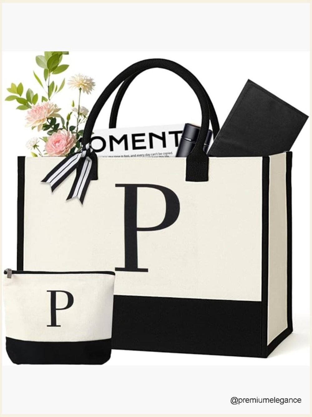 Personalized Canvas Tote Bag for Women - Initial Beach Bag with Removable Base